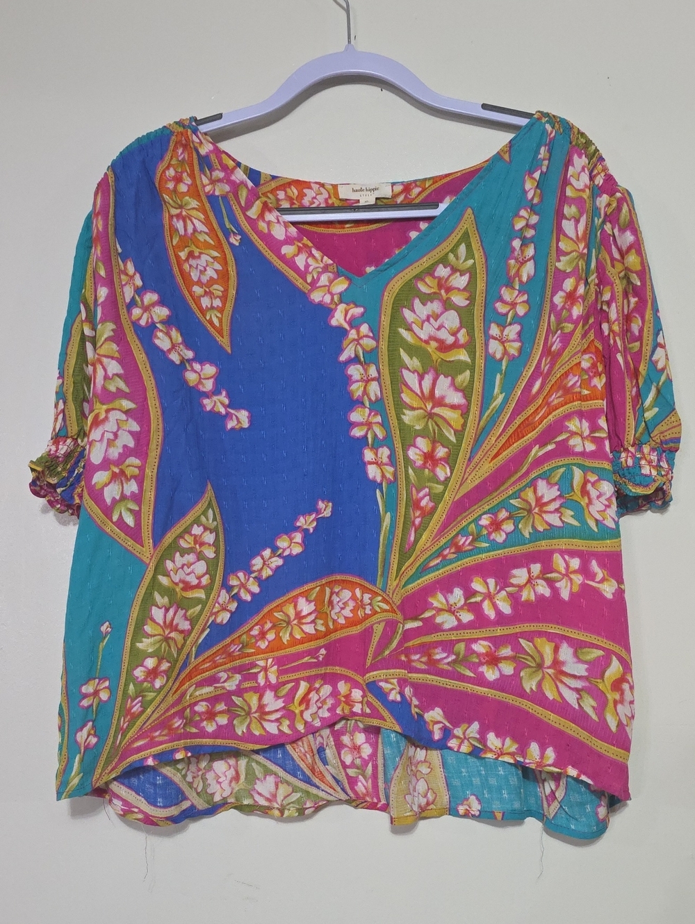 Haute Hippie V-Neck Floral Patchwork Blouse - Blue, Teal, Pink